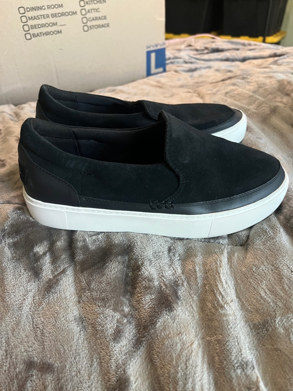 UGG Black Slip-On Suede Sneakers with White Platform